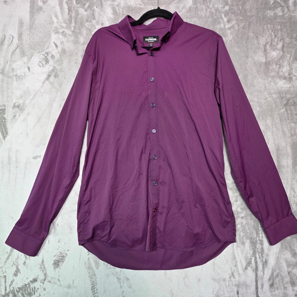 Express Performance Extra Slim Mens Purple Micro Check Stretch Dress‎ Shirt L 16